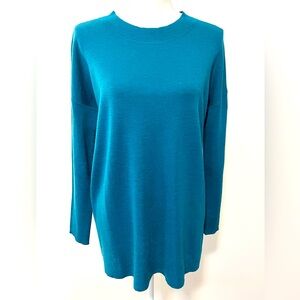 Eileen Fisher Merino Wool Tunic Sweater in Teal Blue Size Petite Medium PM